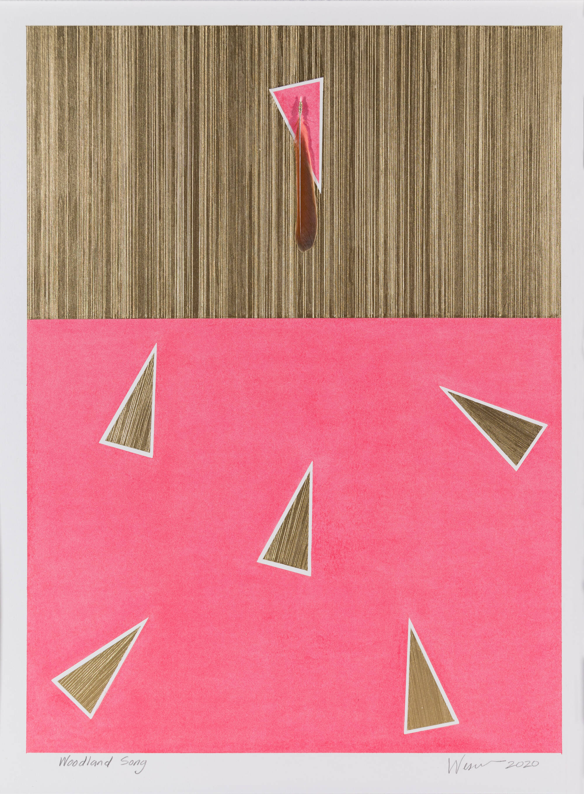 work on paper, geometric design. Top is gold leaf with one pink triangle and a feather. Bottom is pink with five gold leaf triangles.